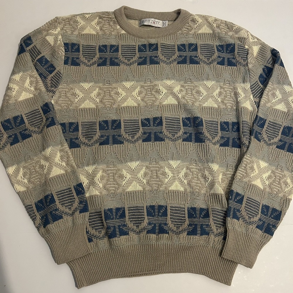 Vintage Jantzen Made In USA Men Large Crewneck Sweater Geometric Abstract Blue